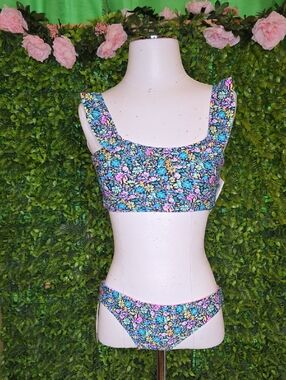 Raisins Black Bikini Top with Pink and Blue Floral Trim